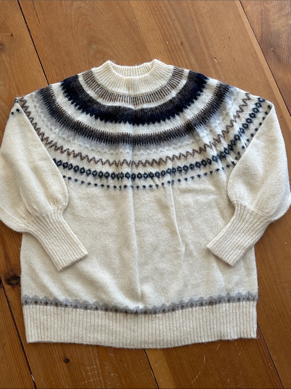 J. Crew Ivory Fair Isle Pullover with Navy & Taupe Accents